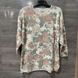 Vtg Arielle Pastel Floral Knit Long Sleeve Sweater Roses Leaves XL